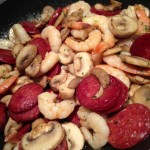 Dinner Idea: Garlic shrimp, chorizo, and mushrooms! Serve with Cous Cous! Yum!