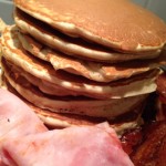 Dinner Idea:Breakfast! Pancakes, ham and bacon with fruit salad! #wowmoment #whatsfordinner #yum #breakfastfordinner
