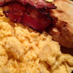 Dinner Idea: Breakfast for Dinner-Cheesy scrambled eggs with aged Gouda cheese, bacon and spelt toast! #yum #wowmoment #whatsfordinner #breakfastfordinner #eggs 