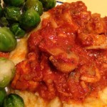 Dinner Idea:Chicken ragu with pancetta on top of Parmesan polenta. Serve with roasted Brussels sprouts! #yum #wowmoment #whatsfordinner #italiannight #chicken