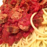Dinner Idea: Bucatini pasta with chunks of Italian #sausage in marinara! Serve with a salad! Delicious and simple! #yum #wowmoment #whatsfordinner #italianfoodlove #food #yummy #foodporn #dinner #delicious #foodie #hungry